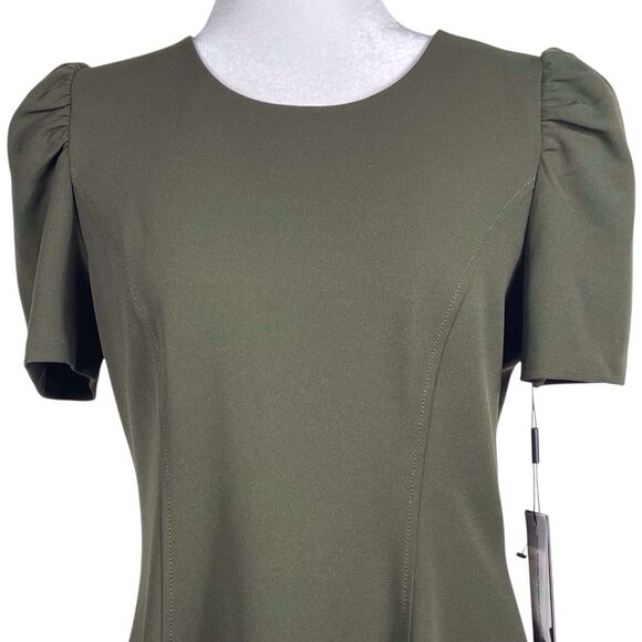 NWT Karl Lagerfeld Paris Short Puff-Sleeve Scuba Crepe Dress Size 8 Olive Green - Picture 5 of 16